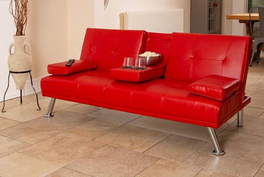 red leather sofa with cup holders