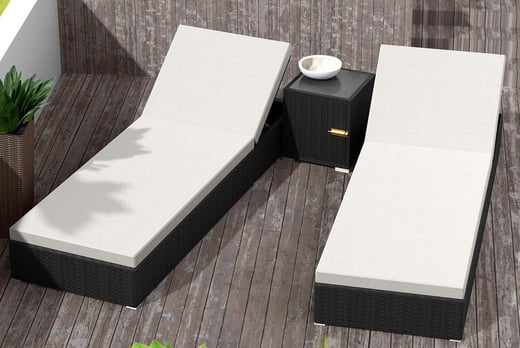 2 Rattan Sunloungers with Table & Protective Cover