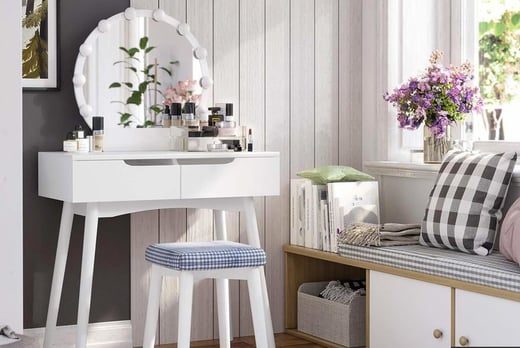 white vanity table with lights