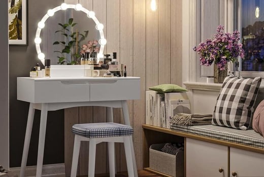 white vanity with mirror and lights