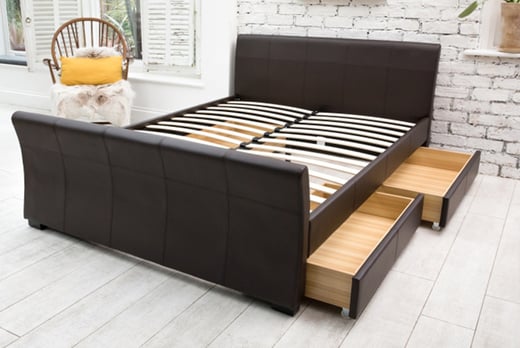 Rimini Faux Leather 4 Drawer Sleigh, Black Leather Sleigh Bed With Storage