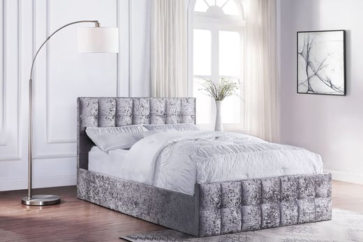 Arya Silver Crushed Velvet Ottoman Storage Bed w/Diamante Buttons in Head and Footboard. Single, Double & King Single 3FT 