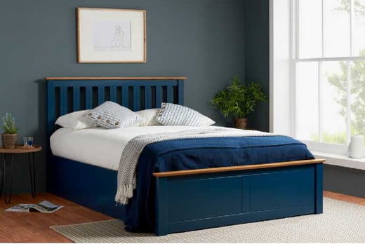 539.99 instead of 799.99 for a Navy Blue Wood Ottoman Storage Bed Frame