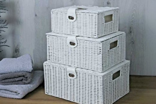 wow-market Set of 3 Wicker Storage Baskets White With Resin Woven Wicker Hamper Gift Hamper Box Set of 3 White 