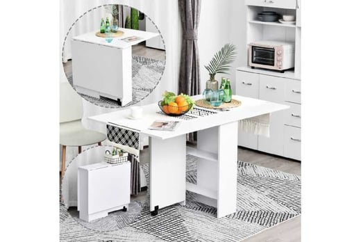 HOMCOM Mobile Drop Leaf Dining Kitchen Table Folding Desk for Small Spaces with 2 Wheels & 2 Storage Shelves White 