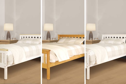 wooden bed and mattress