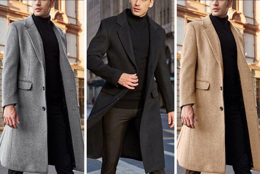 Men’s Long Overcoat – Black, Khaki & Grey Offer - Wowcher