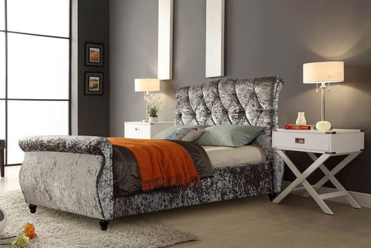 Velvet Diamante Sleigh Bed Wowcher A Grey Crushed Velvet Bed With Diamante Headboard