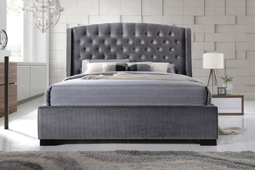 Grey Velvet Wingback King Size Bed With Mattress Options Front On View Of Grey Velvet Wingback King Size Bed