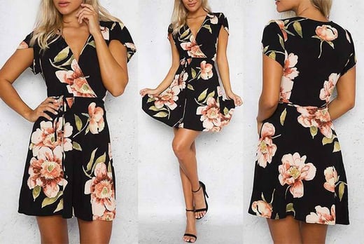 black floral print wrap dress