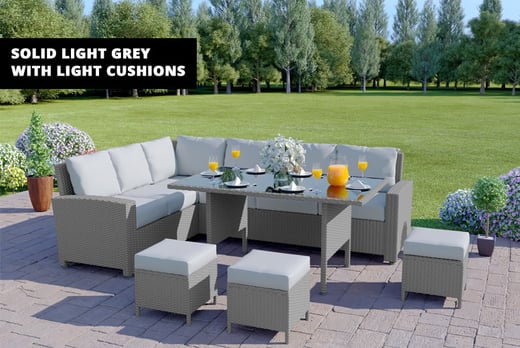 9 Seater Rattan Wowcher A Light Grey Rattan Furniture Set With Sofas Stools And Table Glasses Of